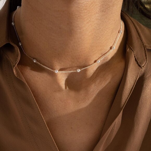 Women 14K Gold Plated Layered Pearl Necklaces Chain - Picture 4 of 7